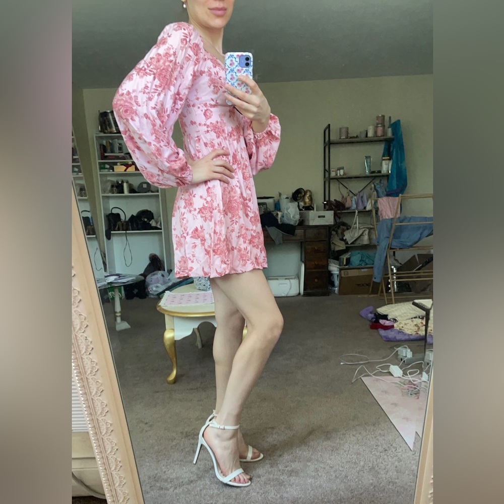 Pink Woven Long Sleeve Mini Dress